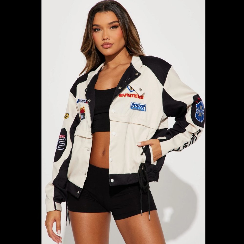 Fashion Nova - Flaming Convertible Racing Jacket - Taupe/Combo - Size S